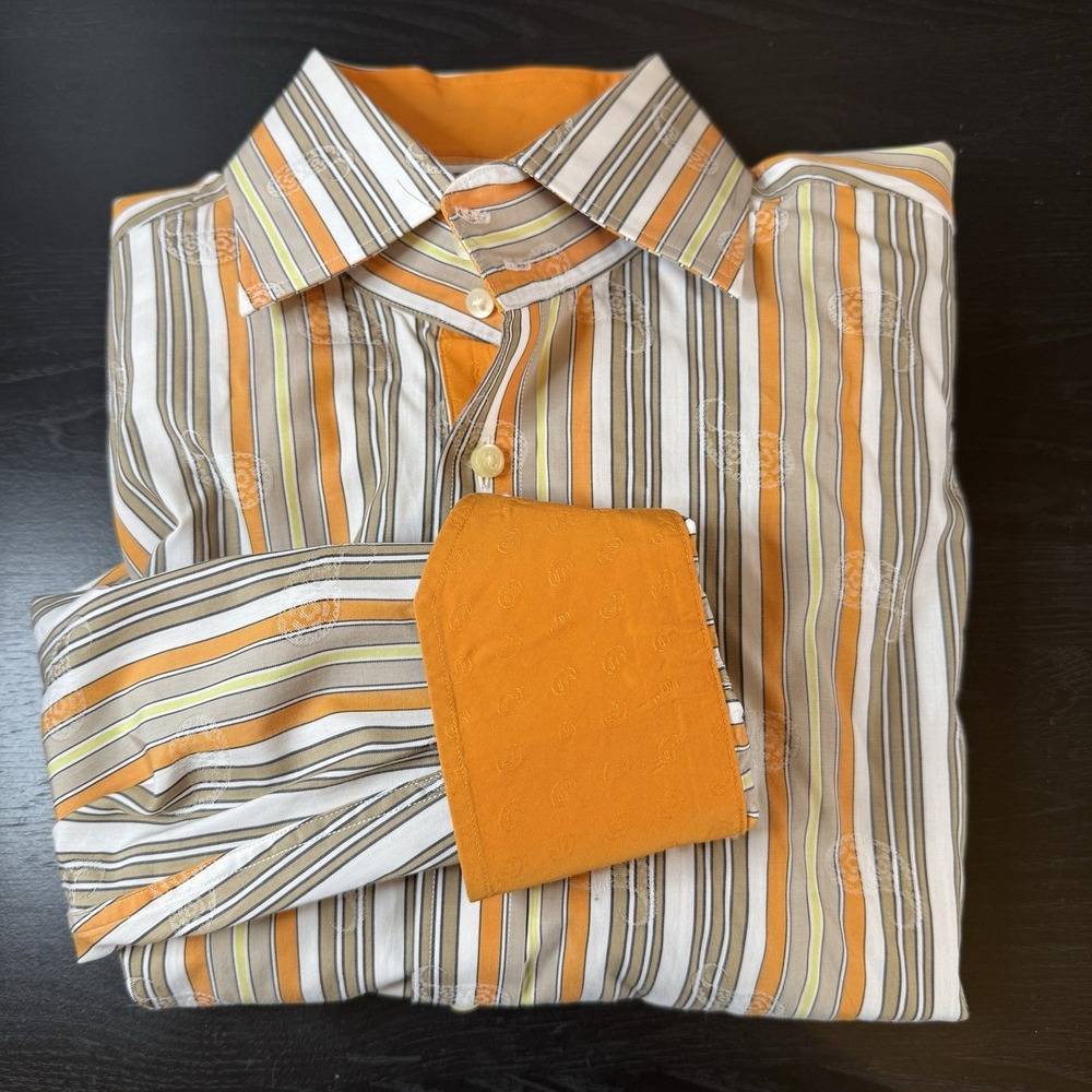 Thomas Dean Mens‎ L Brown Orange Stripe Paisley Flip Cuff Button Up Dress Shirt
